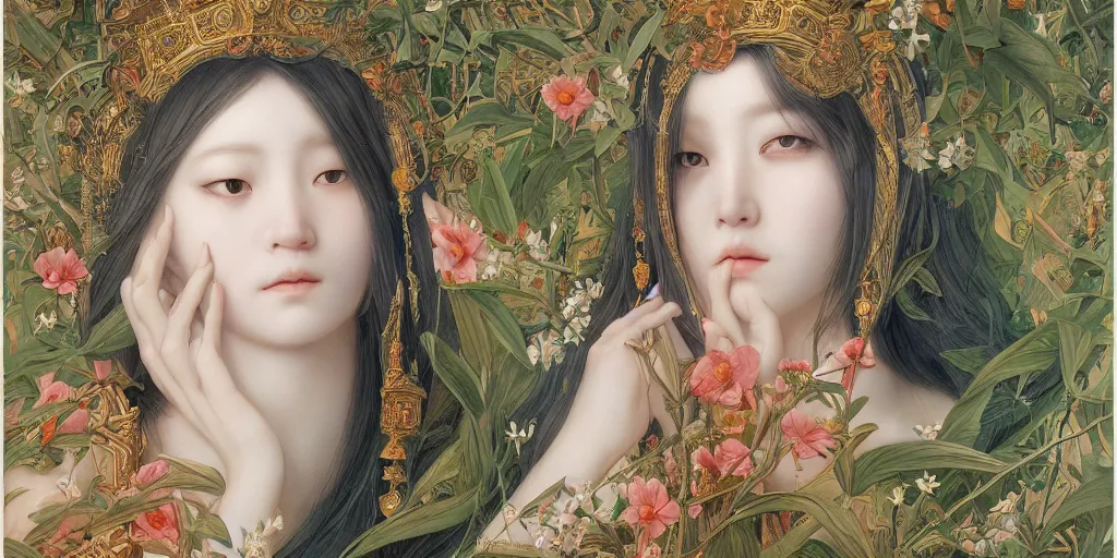 Prompt: breathtaking detailed concept art painting of the goddess, orthodox saint, with anxious, piercing eyes, ornate background, amalgamation of leaves and flowers, by hsiao - ron cheng and john james audubon and miho hirano, extremely moody lighting, 8 k