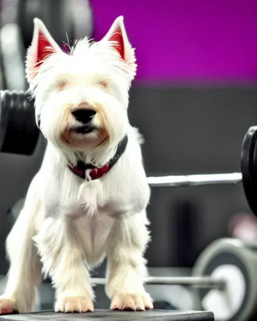 Prompt: a photo of an anthropomorphic anthropomorphic west highland white terrier weight lifting weightlifting barbell up in olympic