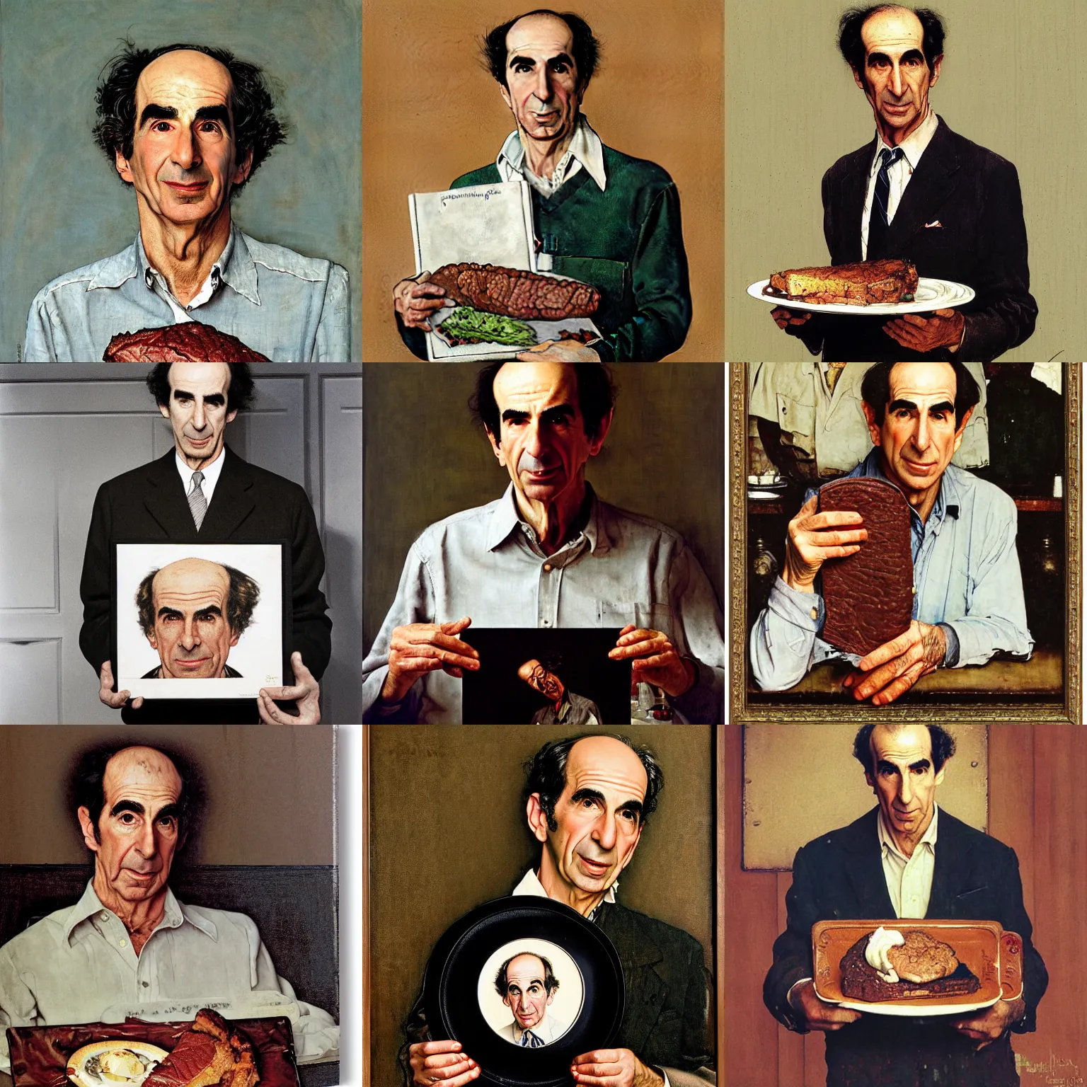 Prompt: portrait of philip roth, holding plate of liver, by norman rockwell