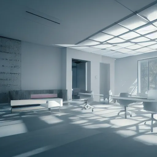 Image similar to a white empty pink office with sun rays looming down, with a pool inside, dynamic lighting, photorealistic concept art, trending on art station, stunning visuals, creative, cinematic, ultra detailed, ray tracing