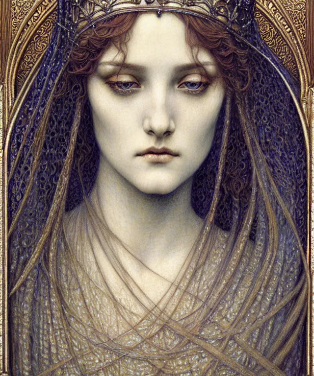 Image similar to detailed realistic beautiful young medieval queen face portrait by jean delville, gustave dore and marco mazzoni, art nouveau, symbolist, visionary, gothic, pre - raphaelite. horizontal symmetry