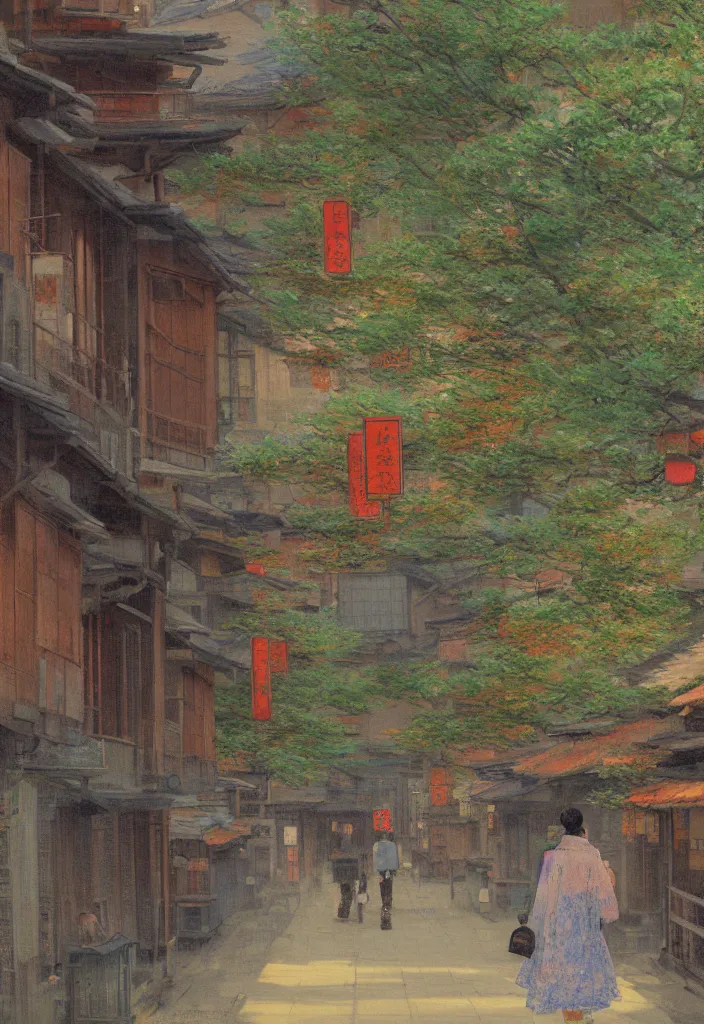 Image similar to a beautiful japanese city in the mountain, amazing ryokans and gorgeous edo era houses, epic cyberpunk, lofi vibe, colorful, vivide colors, amazing light, really beautiful nature, oil painting in impressionist style, by jeremy lipkin, by claude monet, by makoto shinkai, multiple brush strokes, inspired by ghibli, masterpiece, beautiful