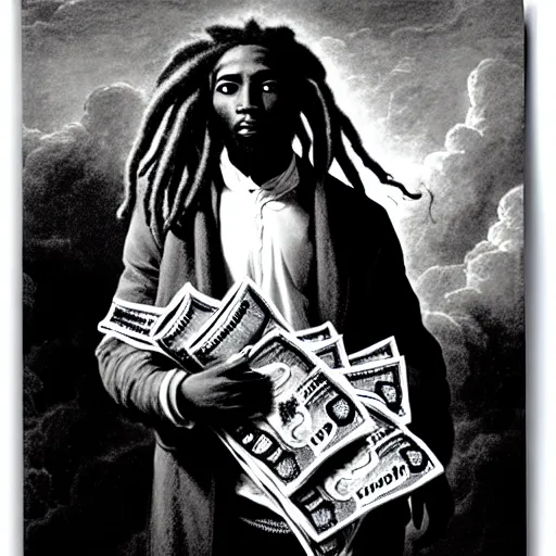 Image similar to young black man with freeform dreadlocks holding stacks of cash, biblical image, style of gustave dore, highly detailed, beautiful, high contrast, black and white