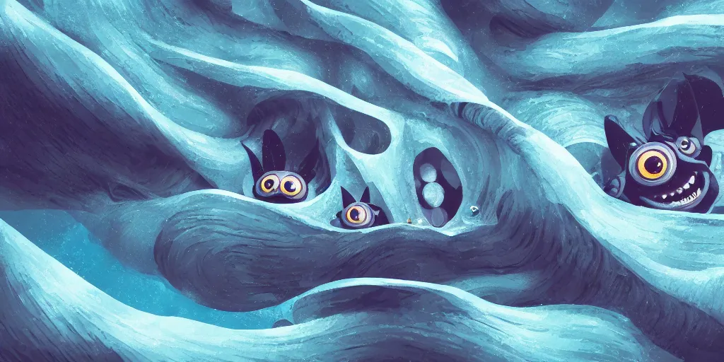 Image similar to of a stormy ocean with strange cute friendly happy creatures with huge eyes, mouth, long tongue, round teeth and goofy face, appearing from the background, in the style of gehry and gaudi, macro lens, shallow depth of field, ultra detailed, digital painting, trending artstation, concept art, illustration, cinematic lighting, photorealism, epic, octane render