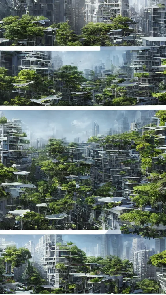 Image similar to 5 - panel comic page layout. 2 characters talking about sustainable futuristic building in a urban setting. ultrarealistic matte painting on white page. the building has many deep and tall balconies covered in plants and trees. thin random columns, large windows, deep overhangs. plants hang from balconies. greeble articulated details with plants. 8 k, uhd.