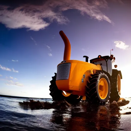 Prompt: ultrawide shot backlit tractor ploughing the seabed underwater photo on gopro