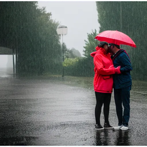 Image similar to an 8 k photo of a couple holding hands while kissing in the rain