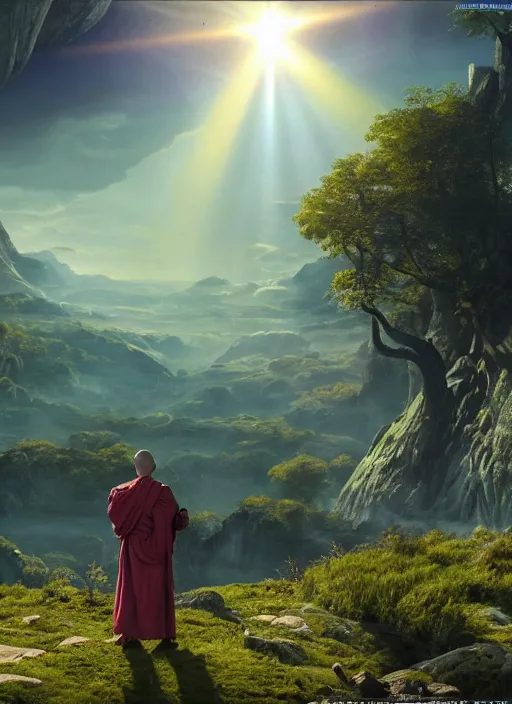 Image similar to a cosmic monk in lord of the rings scenery landscape, looking out at a lush valley, futuristic alien spacecraft in the sky, sunrise, god's rays, highly detailed, vivid color, cinematic lighting, perfect composition, 8 k, gustave dore, derek zabrocki, greg rutkowski, belsinski, octane render