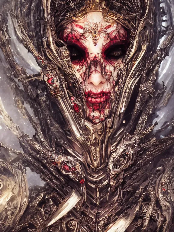 Image similar to portrait art of 8k ultra realistic undead vampire queen, ornate intricate smashed galaxy helmet , detailed intricate ornate armour,blade runner, cybernetic, full of colour, cinematic lighting, battered, trending on artstation, 4k, hyperrealistic, focused, extreme details,unreal engine 5, cinematic, masterpiece, art by ayami kojima, giger