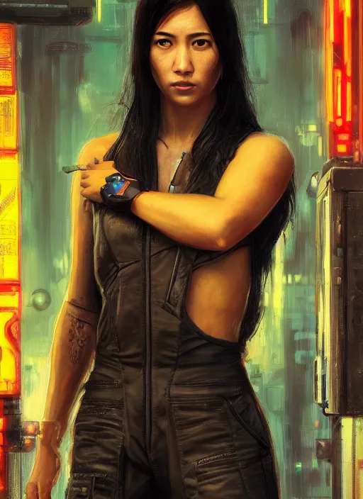 Prompt: Nikki Tanaka. Cyberpunk mechanic in jumpsuit (blade runner 2049, cyberpunk 2077). Orientalist portrait by john william waterhouse and James Gurney and Theodore Ralli and Nasreddine Dinet, oil on canvas. Cinematic, hyper realism, realistic proportions, dramatic lighting, high detail 4k