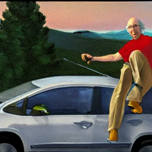 Prompt: larry david climbing on roof of 2009 prius, edward hopper painting, high detail