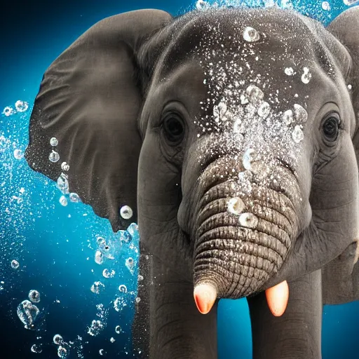 Image similar to Underwater shot of a baby elephant's head, water bubbles, particulate, extremely detailed, studio lighting