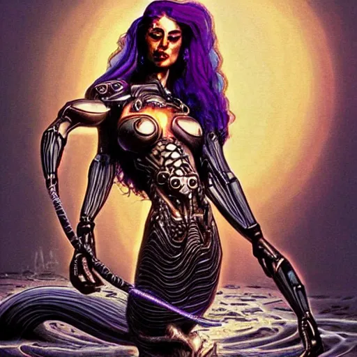 Prompt: mermaid cyborg with a laser whip, realistic, detailed, in the style of boris vallejo