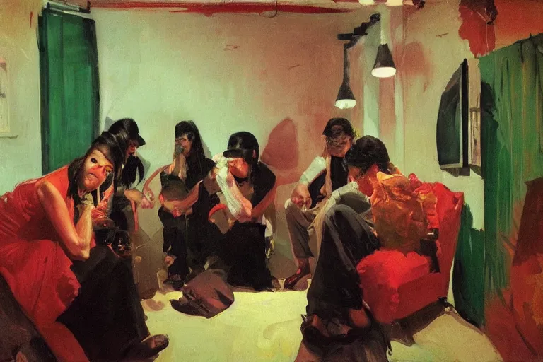 Prompt: cholas drinking brutal and raw wine, inside a tiny green room with red lights by joaquin sorolla, greg rutkowski, bill sienckiwicz, extremely detailed