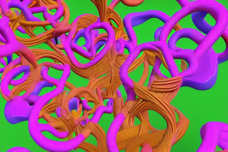 Image similar to a 3 d render of a dmt trio depicting fat rolling interleaved rolls of multicoloured plasticine forming fractal lattices enclosed by a crystalline dome. dmt, machine elves, 8 k, octane render