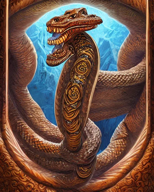 Image similar to digital painting of an aztec double headed serpent by filipe pagliuso and justin gerard, symmetric, fantasy, detailed, intricate, portrait, sharp focus, tarot card, gwent