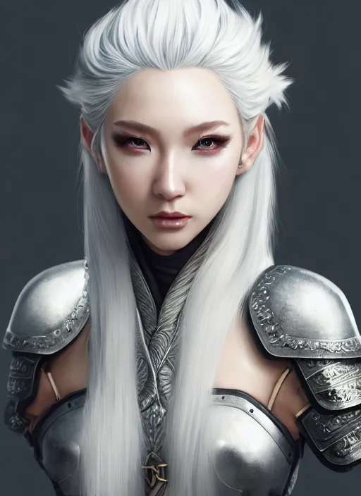 Image similar to warrior, fur leather armor!!! beautiful and elegant white hair female!! gorgeous ayes!! character concept art, sharp focus, octane render! unreal engine 5! highly rendered!! trending on artstation!! detailed linework!! illustration by artgerm, wlop, and chie yoshii