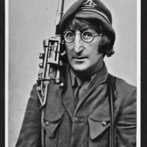 Image similar to old wartime photograph of john lennon holding a lewis gun, 1 9 1 7