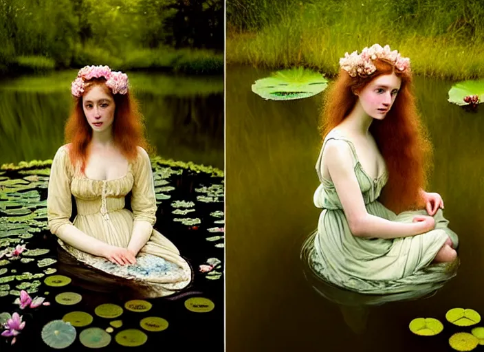 Image similar to Kodak Portra 400, 8K, soft light, volumetric lighting, highly detailed, britt marling style 3/4 ,portrait photo of a beautiful woman how pre-Raphaelites painter, the face emerges from the water of a pond with water lilies, inspired by Julie Dillon and John Everett Millais, a beautiful lace dress and hair are intricate with highly detailed realistic beautiful flowers , Realistic, Refined, Highly Detailed, natural outdoor soft pastel lighting colors scheme, outdoor fine art photography, Hyper realistic, photo realistic