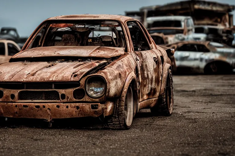 Prompt: Brian O'Connor in Mad Max Road Warrior, driving a rusted!, beat up Nissan ((R34 GTR)), XF IQ4, 150MP, 50mm, F1.4, ISO 200, 1/160s, natural light, Adobe Photoshop, Adobe Lightroom, photolab, Affinity Photo, PhotoDirector 365