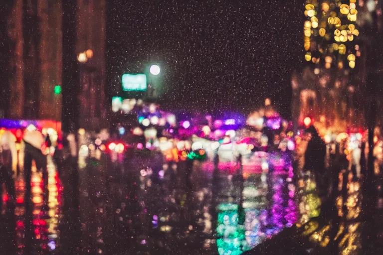 Image similar to canon, 300mm, bokeh, city at night, raining, reflections, people with umbrellas, neon lights