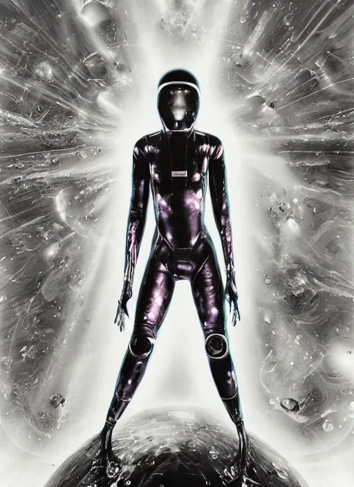 Image similar to girls astronaut in dark void underwater - complex and hyperdetailed technical suit design. reflection and dispersion materials. rays and dispersion of light. volumetric light. f / 3 2. noise film photo. flash photography. ultra realistic, 5 0 mm. poster by wayne barlowe, hajime sorayama aaron horkey, craig mullins