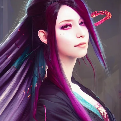 Prompt: a beautiful portrait of hatsune miku with long black and deep red colored hair and one purple colored cyberpunk eye, dressed a netrunner from shadowrun, intricate, elegant, highly detailed, digital painting, artstation, concept art, matte, sharp focus, illustration, art by greg rutkowski and alphonse mucha