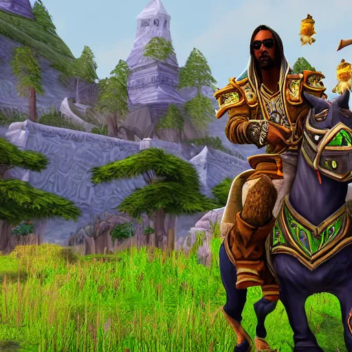 Image similar to snoop dogg riding a horse in stormwind city, warcraft