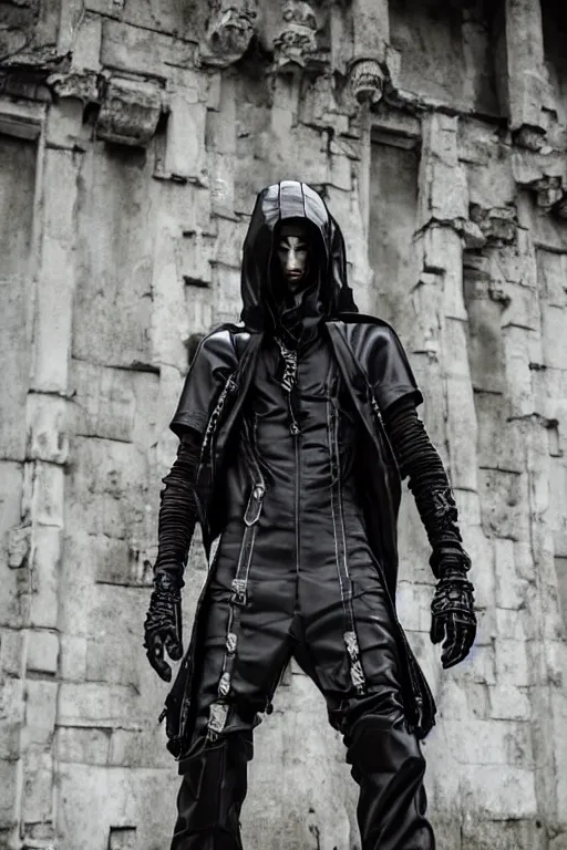 Image similar to avant garde techwear look and clothes, we can see them from feet to head, highly detailed and intricate, hypermaximalist, dystopian castle background, eerie fog, luxury, Rick Owens, Errolson Hugh, Yohji Yamamoto, Chrome Hearts, cinematic outfit photo