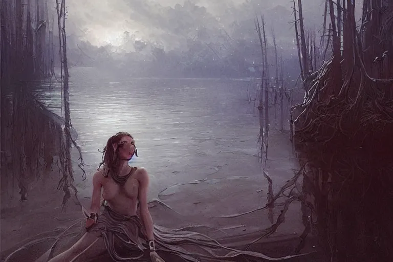 Prompt: smoke on the water, extremely detailed painting by gerald brom and and greg rutkowski