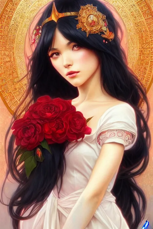 Image similar to a beautiful princess, long black hair and bangs, sailor mars aesthetic, fantasy, intricate, elegant, highly detailed, digital painting, artstation, concept art, matte, sharp focus, illustration, art by Artgerm and Greg Rutkowski and Alphonse Mucha