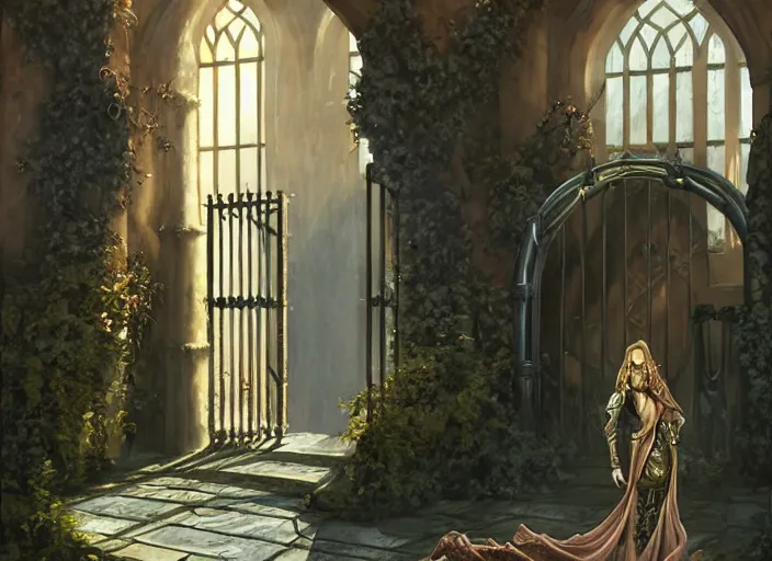 Prompt: a huge courtyard with gates and a beautiful witch queen, detailed 4 k painting, dramatic light, style of gerald brom