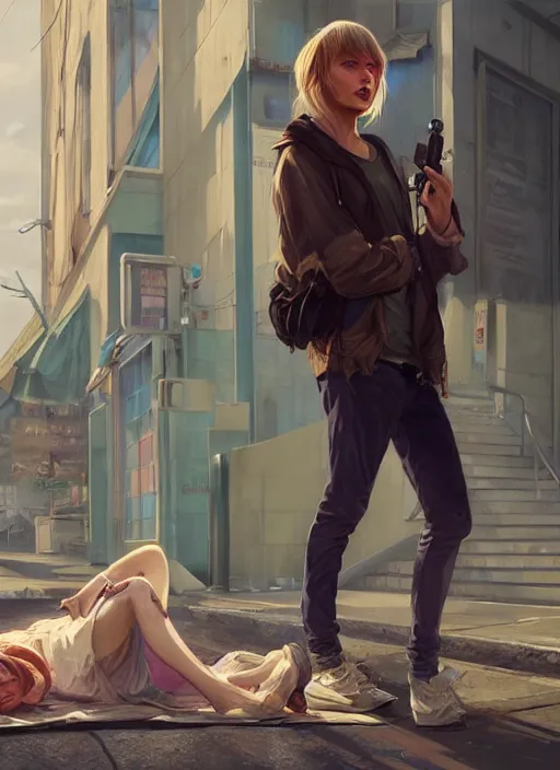 Prompt: Highly detailed full-body portrait of homeless and bruised Taylor Swift, in GTA V, Stephen Bliss, unreal engine, fantasy art by Greg Rutkowski, Loish, Rhads, Makoto Shinkai and Lois van baarle, ilya kuvshinov, rossdraws, Tom Bagshaw, global illumination, radiant light, detailed and intricate environment