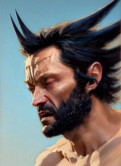 Image similar to portrait of wolverine, forest, calm, fantasy character portrait, dynamic pose, above view, sunny day, thunder clouds in the sky, artwork by Jeremy Lipkin and Giuseppe Dangelico Pino and Michael Garmash and Rob Rey, very coherent symmetrical artwork, sharp edges, perfect face, simple form, 100mm