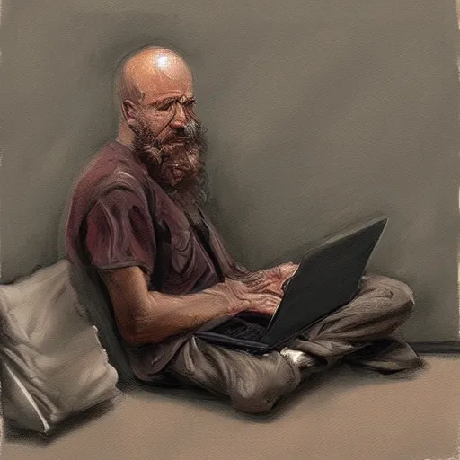 Image similar to homeless man using a laptop, expressive oil painting, matter art, digital art, treding on artstation