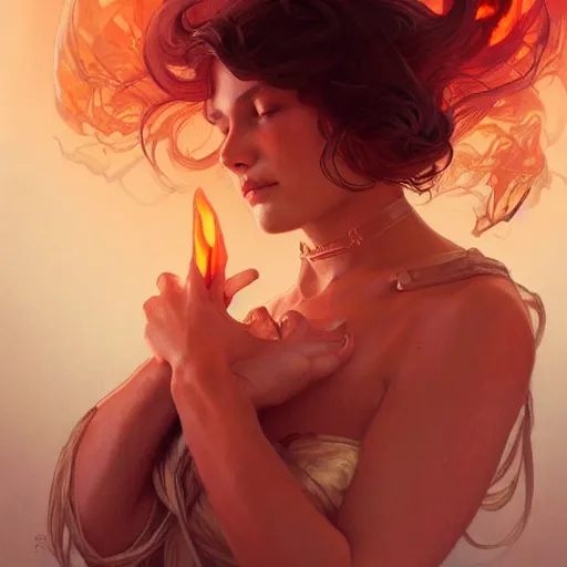 Image similar to fire shaped like a human, highly detailed, digital painting, artstation, concept art, wallpaper, smooth, sharp focus, illustration, art by artgerm and greg rutkowski and alphonse mucha