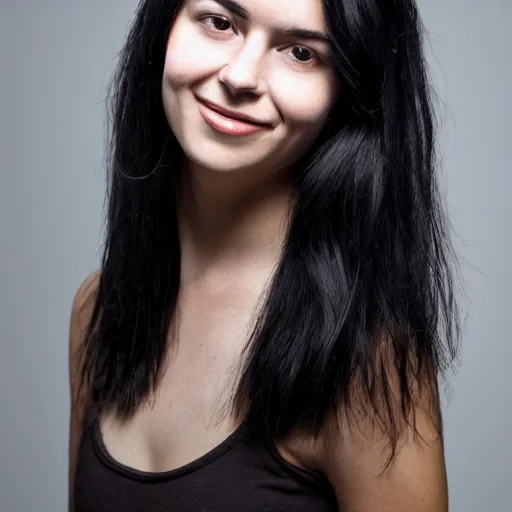 Image similar to young woman with shoulder - length messy black hair, slightly smiling, 1 3 5 mm nikon portrait