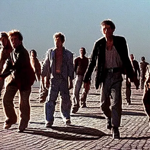 Image similar to four men dancing furiously in a postapocalyptic wasteland, amazing movie still, Spielberg, Cronenberg, Wes Craven, Takashi Miike