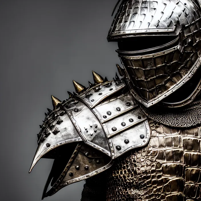 Prompt: photo of a man with metal crocodile themed armour and helmet, highly detailed, 4 k, hdr, smooth, sharp focus, high resolution, award - winning photo