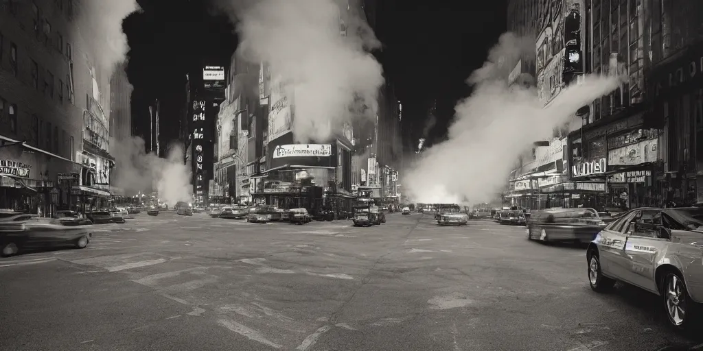 Prompt: a high resolution photo of a new york street at night surrounded with smoke and cars with bright headlights by joel meyerowitz, realistic photo, leica, magnum award winning photograph, 24 mm, f1.4 ,