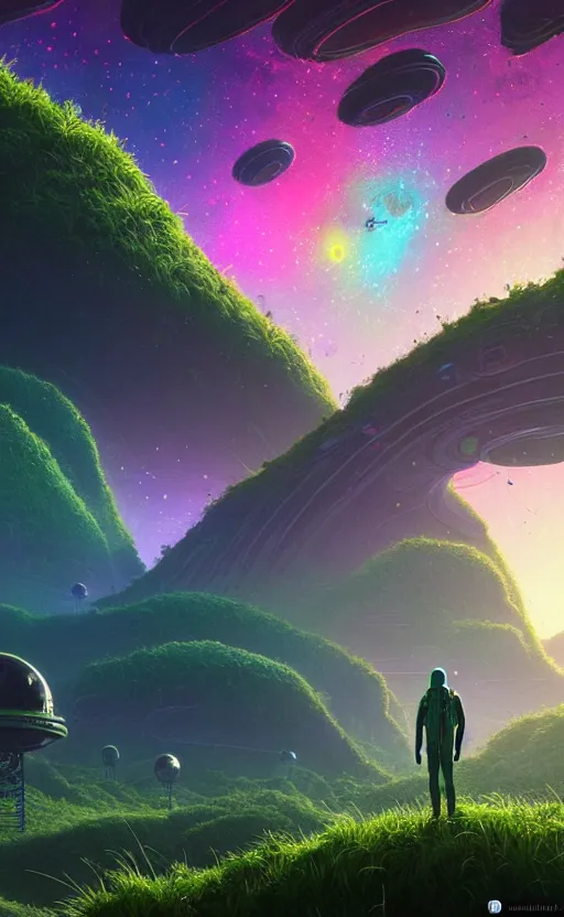 Image similar to An amazing alien landscape with lush vegetation and colourful galaxy foreground, digital art, breathtaking, golden ratio, extremely detailed, hyper-detailed, establishing shot, hyperrealistic, cinematic lighting, particles, unreal engine, simon stålenhag, rendered by Beeple, Makoto Shinkai, syd meade, Kentaro Miura, environment concept, artstation, octane render, 8K UHD image