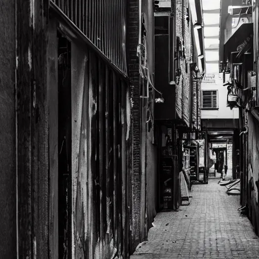 Image similar to downtown alleyway with watch repair shop in cyberpunk city, photograph, dark, ominous