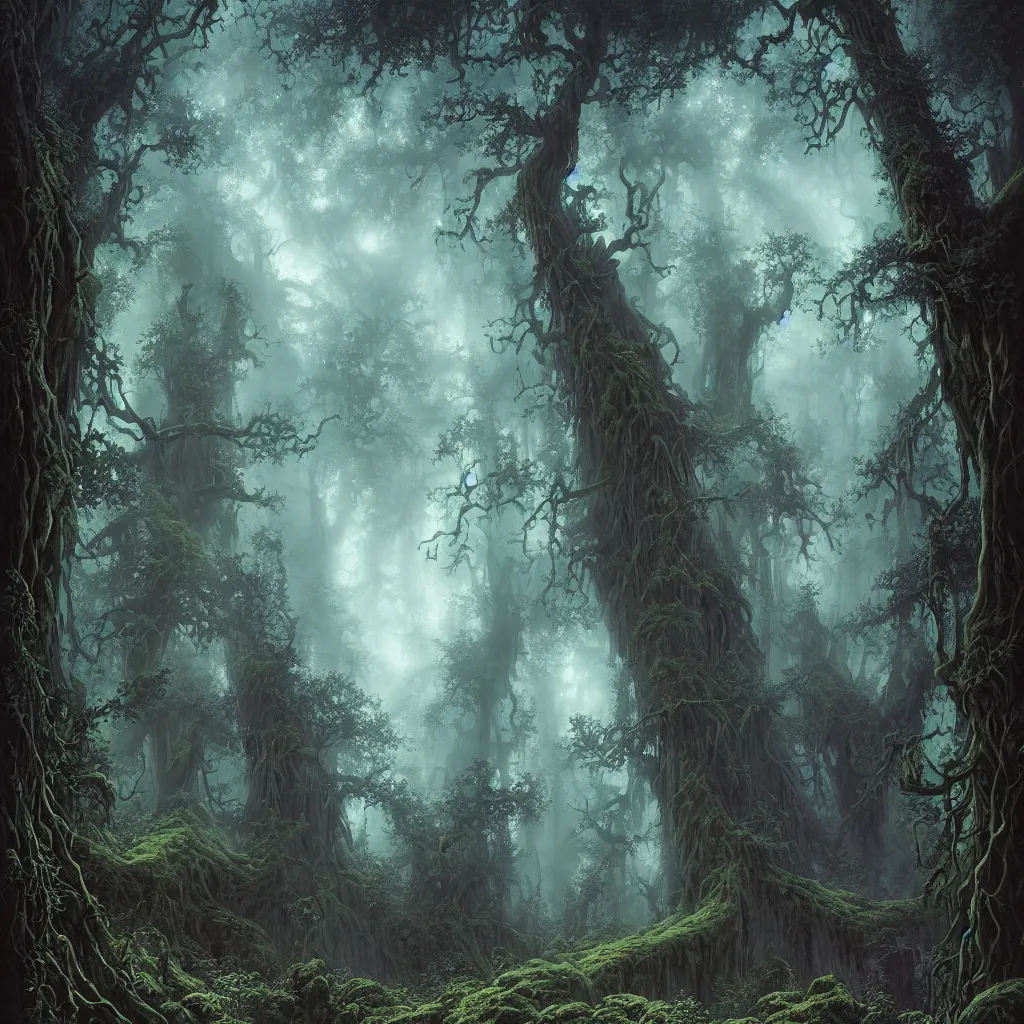 Image similar to a dark lush haunted sequoia forest at night, upward cinematic angle, J.R.R. Tolkien, by Rodney Matthews, P. Craig Russell and Andreas Rocha, dim moonlight, beautiful composition, intricate, elegant, digital art, detailed, mixed media painting, hyperrealistic, sharp focus, 8k