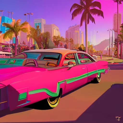 Image similar to swagger! lowrider culture, living large in the city by tyler edlin, editorial, bold colors, detailed, bold colors, miami vice, incredible lighting, great composition, artstation