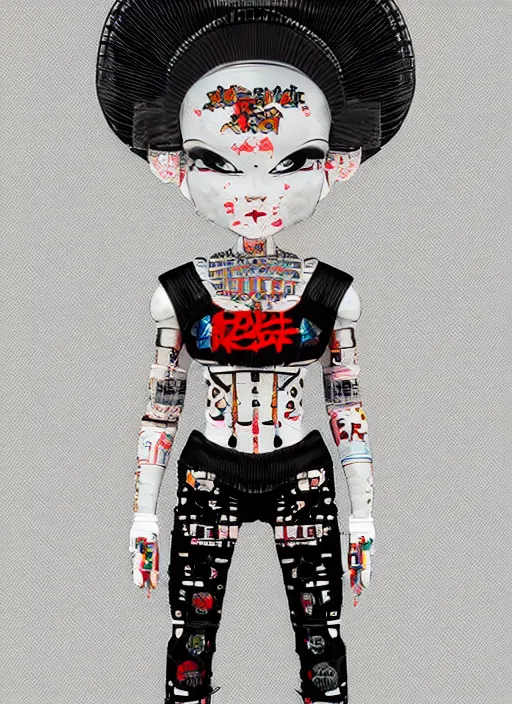 Prompt: full body photo of a punk geisha robot with kanji tattoos and decals wearing a digital pixelated kimono, intricate design, photo - realistic, octane render, ultra fine detailed, character design, trending on artstation