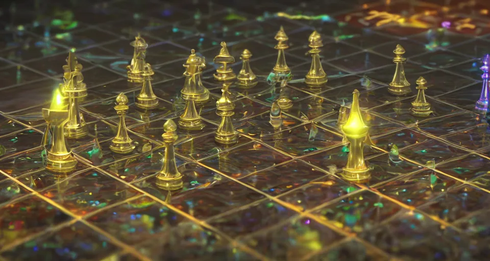 Image similar to close up of a beautiful futuristic holographic chessgame, ultra detailed, atmospheric lighting, steampunk, moody, candles, by don bluth, trending on artstation, octane render, 8 k, ultra realistic