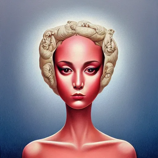 Image similar to a painting of a beautiful woman, an ultrafine detailed painting by rafal olbinski, behance contest winner, pop surrealism, detailed painting, very detailed, minimalist, airbrush art