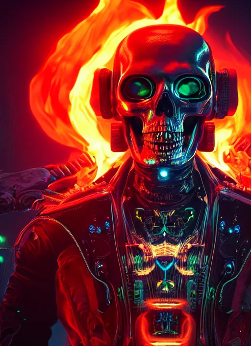 Image similar to a futuristic skull with glowing eyes and a flame fire background, cyberpunk art by android jones, behance contest winner, computer art, darksynth, synthwave, rendered in cinema 4 d