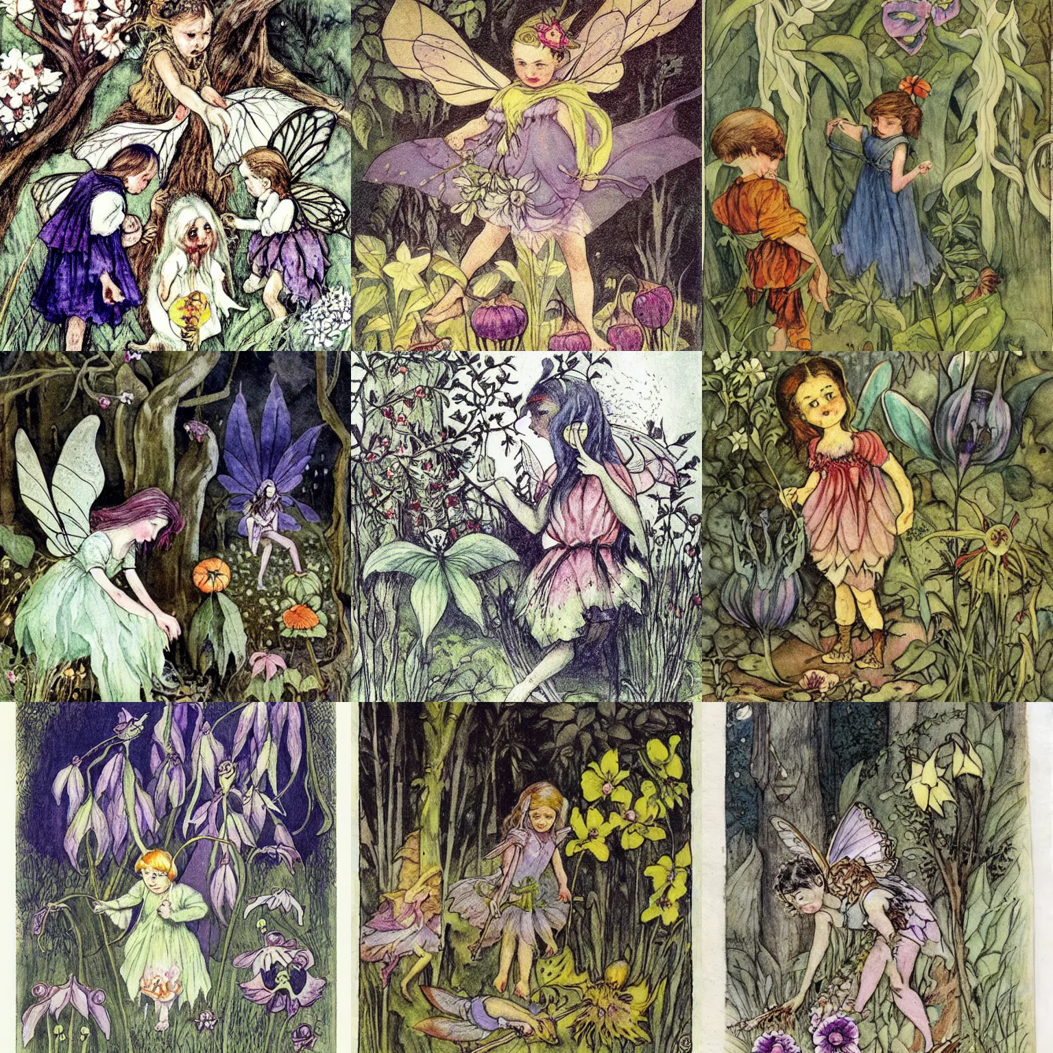 Prompt: fairy gathering deadly nightshade by Cicely Mary Barker