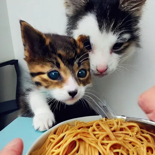 Prompt: a real life kitten and puppy eating pasta like in lady and the tramp 4k top post on reddit